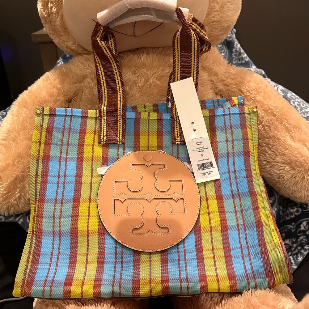 Authentic Brand New Tory Burch Ella mesh small color_yellow/ blue/Mercado plaid